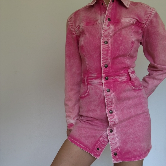 Roberto Cavalli Dresses & Skirts - Roberto Cavalli Pink Acid Washed Denim Western Style Long Sleeve Mini Dress